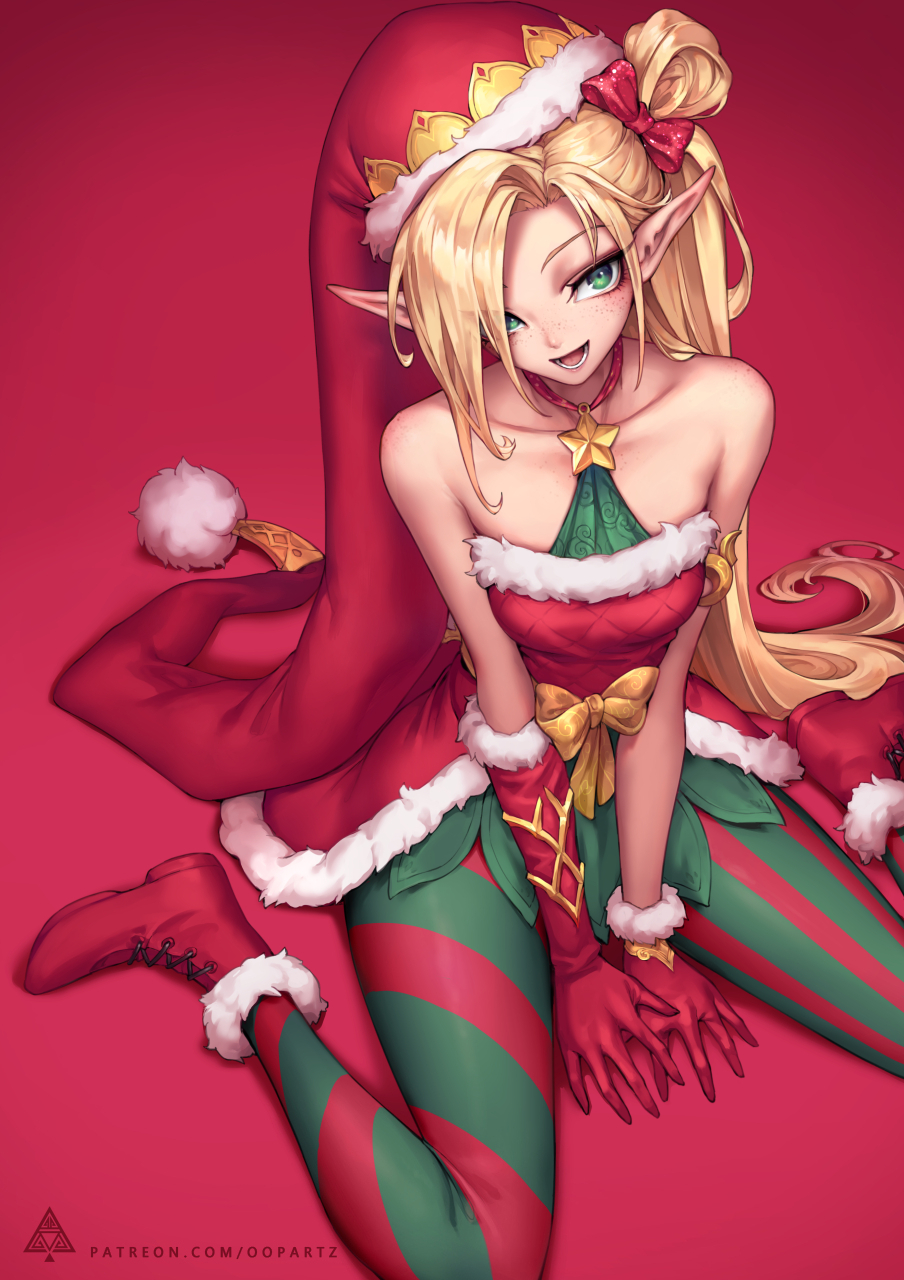 1girl :d artist_logo bare_shoulders blonde_hair bow christmas collarbone dress freckles fur-trimmed_boots fur-trimmed_dress fur-trimmed_gloves fur-trimmed_hat fur_trim gloves green_eyes hair_bow hair_over_one_eye hat highres jinx_(league_of_legends) league_of_legends long_hair looking_at_viewer mismatched_gloves oopartz_yang open_mouth pantyhose patreon_username pointy_ears pom_pom_(clothes) red_background red_bow red_dress red_footwear red_gloves red_hat santa_costume side_ponytail simple_background sitting smile solo star strapless strapless_dress striped striped_legwear wariza