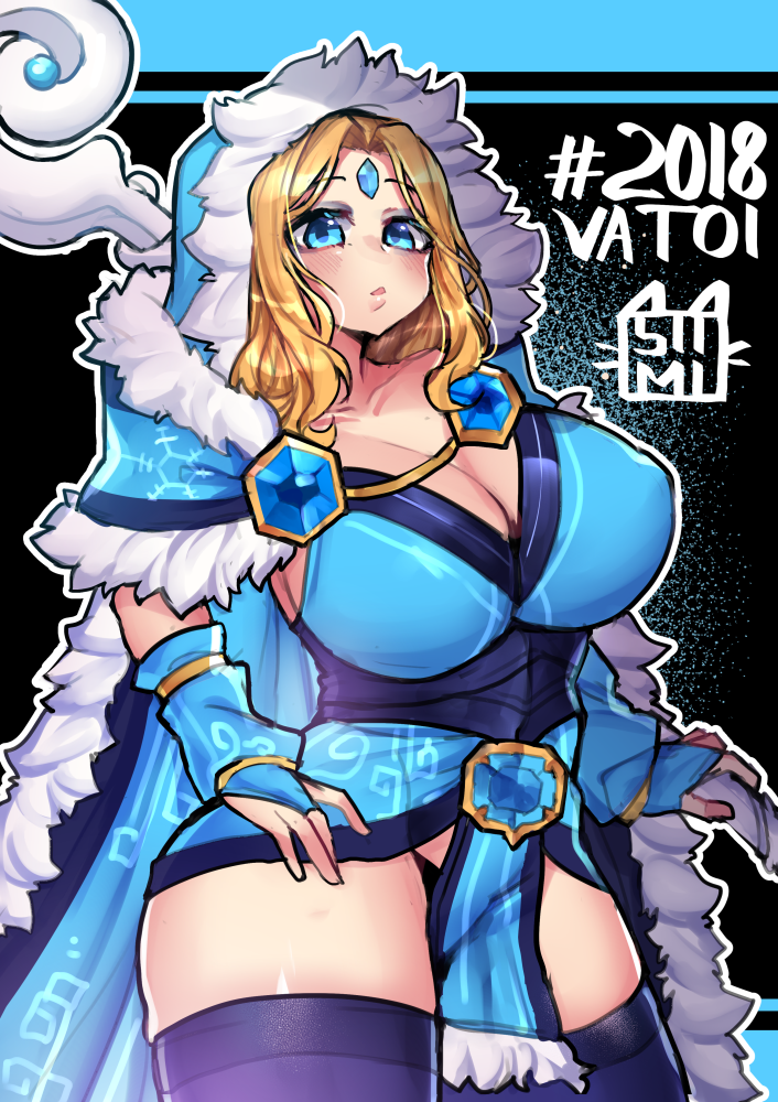 1girl bangs blonde_hair blue_cape blue_eyes blue_gloves blue_legwear blush breasts bridal_gauntlets cape character_request cleavage cowboy_shot defense_of_the_ancients dota_2 facial_mark forehead_mark fur_trim gloves holding hood hood_up hooded_cape huge_breasts long_hair looking_at_viewer osiimi parted_bangs parted_lips pelvic_curtain solo staff thigh-highs