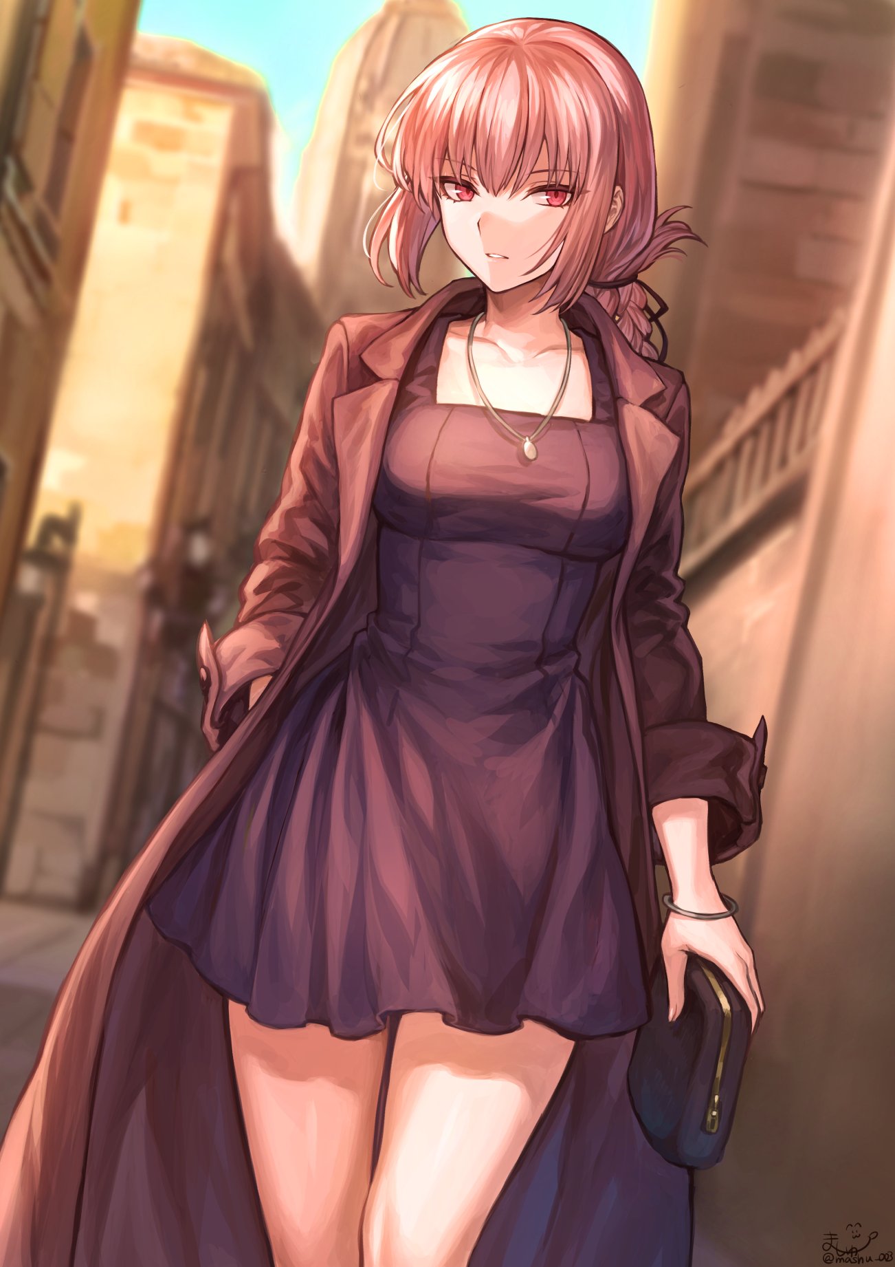 1girl bag bangs blurry blurry_background bracelet braid breasts coat collarbone dress fate/grand_order fate_(series) florence_nightingale_(fate/grand_order) folded_ponytail hair_ribbon hand_in_pocket handbag highres jewelry long_hair long_sleeves looking_at_viewer mashu_003 medium_breasts necklace open_clothes open_coat parted_lips pink_coat pink_hair purple_dress red_eyes ribbon single_braid solo standing thighs
