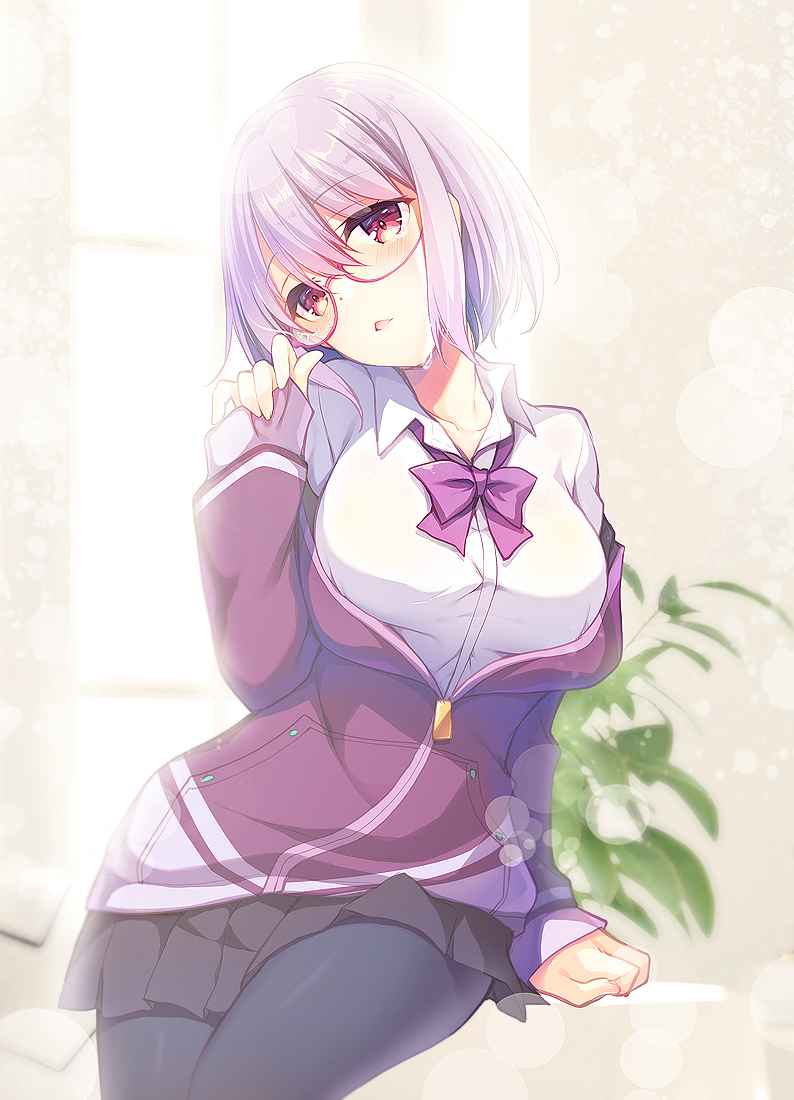 1girl black_legwear black_skirt blush bow bowtie breasts glasses gunp large_breasts long_sleeves looking_at_viewer pantyhose pink_hair purple_neckwear red-framed_eyewear red_eyes semi-rimless_eyewear shinjou_akane shirt short_hair skirt solo ssss.gridman under-rim_eyewear white_shirt