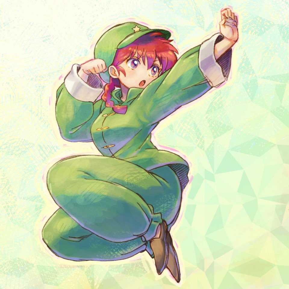 1girl :o bangs black_footwear braid cabbie_hat chinese_clothes clenched_hand eyebrows_visible_through_hair fighting_stance frown full_body fuusuke_(fusuke208) genderswap genderswap_(mtf) green_hat green_jacket green_pants hair_over_shoulder hat jacket jumping long_hair long_sleeves open_mouth pants ranma-chan ranma_1/2 red_eyes redhead saotome_ranma single_braid slippers solo star_hat_ornament tangzhuang v-shaped_eyebrows