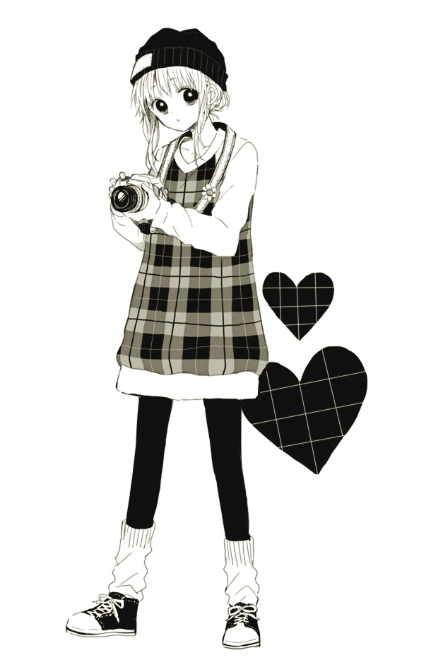 1girl anzu_(o6v6o) bangs beanie camera dress flower full_body greyscale gumi hair_bun hat heart holding holding_camera long_sleeves looking_at_viewer loose_socks monochrome pantyhose plaid plaid_dress raglan_sleeves shoes sidelocks simple_background sneakers socks_over_pantyhose solo standing vocaloid white_background