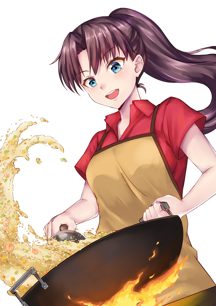 1girl :d apron blue_eyes brown_apron brown_hair carnival_phantasm cooking dutch_angle emiya-san_chi_no_kyou_no_gohan fate/hollow_ataraxia fate/stay_night fate_(series) fire floating_hair kelinch1 long_hair open_mouth red_shirt shiny shiny_hair shirt simple_background sleeveless sleeveless_shirt smile solo tohsaka_rin upper_body very_long_hair white_background wok