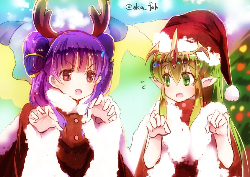 2girls antlers chiki christmas_tree dragon_wings fang fire_emblem fire_emblem:_mystery_of_the_emblem fire_emblem:_seima_no_kouseki fire_emblem_heroes fur_trim green_eyes green_hair hat long_hair long_sleeves looking_at_another looking_to_the_side mamkute multi-tied_hair multiple_girls myrrh nintendo oka_(umanihiki) open_mouth pointy_ears pom_pom_(clothes) purple_hair red_eyes red_hat reindeer_antlers santa_hat tiara twintails twitter_username wings