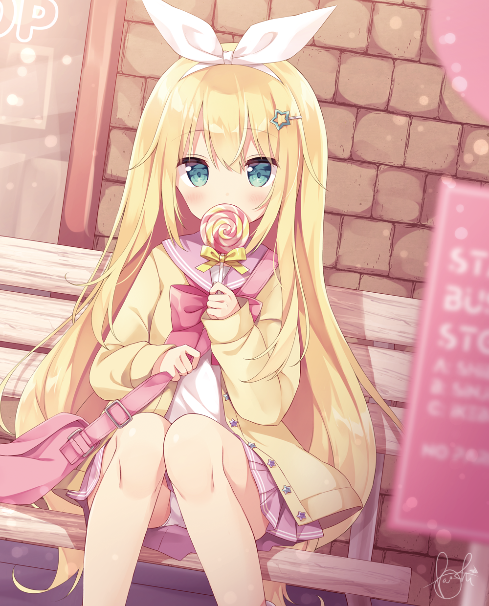 1girl bag bench blonde_hair blue_eyes blurry blurry_foreground blush bow bowtie brick_wall buttons candy cardigan covering_mouth depth_of_field dutch_angle feet_out_of_frame food hair_ornament hair_ribbon hairband hairclip highres holding holding_food holding_lollipop hoshi_(snacherubi) knees_together_feet_apart lollipop long_hair long_sleeves looking_at_viewer miniskirt on_bench original outdoors panties pantyshot pantyshot_(sitting) pink_sailor_collar pink_skirt pleated_skirt red_bow red_neckwear ribbon sailor_collar school_uniform serafuku shoulder_bag signature sitting skirt sleeves_past_wrists solo star star_hair_ornament swirl_lollipop underwear very_long_hair white_panties white_ribbon