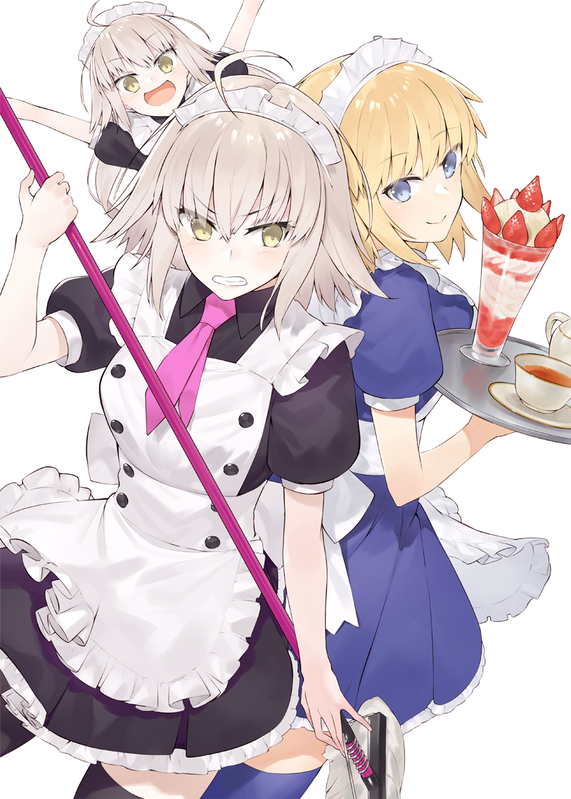 3girls :d ahoge alternate_costume apron arms_up bangs black_dress black_legwear blonde_hair blue_dress blue_eyes blue_legwear blush brown_hair clenched_teeth closed_mouth commentary_request dress enmaided eyebrows_visible_through_hair fate/grand_order fate_(series) frilled_apron frills hair_between_eyes hayashi_kewi holding holding_mop holding_tray jeanne_d'arc_(alter)_(fate) jeanne_d'arc_(fate) jeanne_d'arc_(fate)_(all) jeanne_d'arc_alter_santa_lily long_hair maid maid_apron maid_headdress mop multiple_girls necktie open_mouth pink_neckwear pleated_dress puffy_short_sleeves puffy_sleeves short_necktie short_sleeves simple_background smile teeth thigh-highs tray v-shaped_eyebrows very_long_hair white_apron white_background yellow_eyes