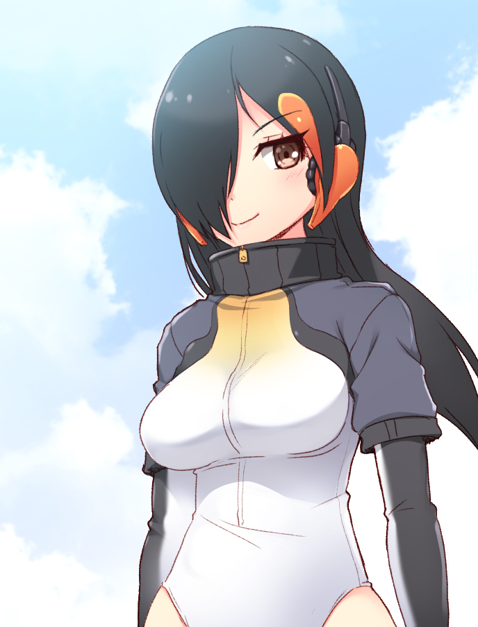 1girl black_hair blue_background blue_sky blush breasts brown_eyes closed_mouth clouds day elbow_gloves gloves grey_gloves hair_over_one_eye headphones kemono_friends king_penguin_(kemono_friends) leotard looking_at_viewer medium_breasts multicolored_hair one_eye_covered outdoors short_sleeves sky smile solo standing streaked_hair totokichi white_leotard