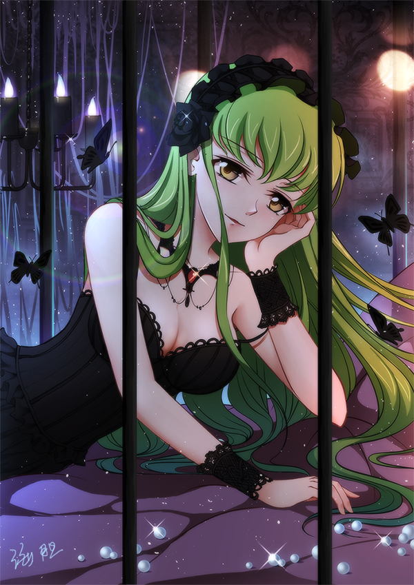 1girl bangs black_dress black_flower black_rose breasts bug butterfly c.c. cleavage code_geass collarbone dress eyebrows_visible_through_hair flower green_hair hair_flower hair_ornament hairband head_rest insect jewelry lolita_hairband long_hair looking_at_viewer lying medium_breasts necklace parted_lips rose sleeveless sleeveless_dress smile solo sparkle uni_(pixiv11995116) upper_body very_long_hair wrist_cuffs yellow