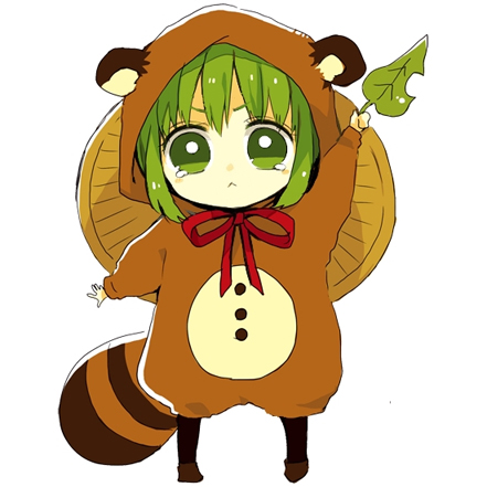 1girl :&lt; anzu_(o6v6o) arm_up chibi cosplay full_body green_eyes green_hair gumi hat holding holding_leaf hood hood_up kigurumi leaf long_sleeves looking_at_viewer lowres neck_ribbon raccoon_hood raccoon_tail red_neckwear ribbon rice_hat short_hair simple_background solo standing tail tearing_up v-shaped_eyebrows vocaloid white_background