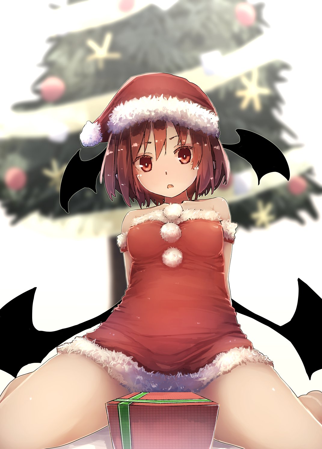 1girl alternate_costume bangs bare_legs bare_shoulders blurry blurry_background box breasts christmas_tree collarbone demon_wings dress fur_trim futatsuki_eru gift gift_box hair_between_eyes hat head_wings highres koakuma looking_at_viewer medium_breasts open_mouth pom_pom_(clothes) red_dress red_eyes redhead santa_costume santa_hat short_dress short_hair simple_background solo strapless touhou white_background wings