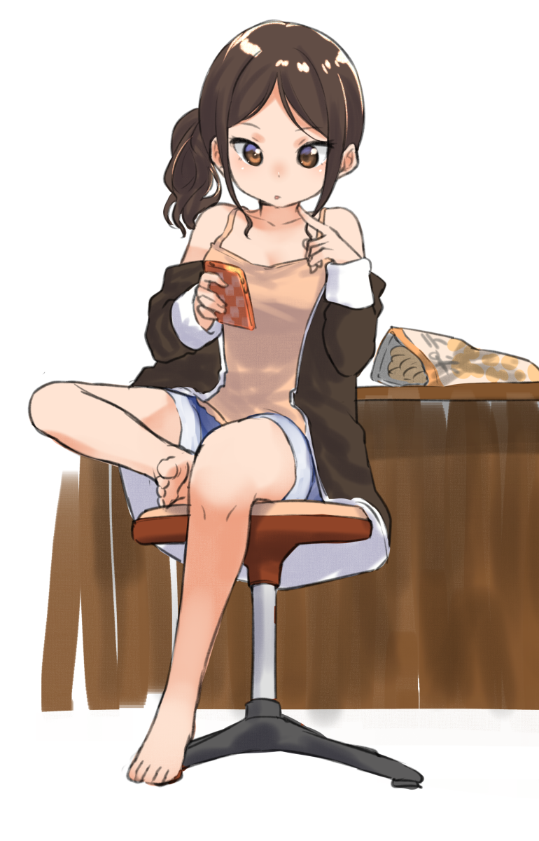 1girl :p bare_shoulders barefoot blue_shorts brown_eyes brown_hair brown_jacket camisole cellphone chips commentary_request food highres holding holding_cellphone holding_phone index_finger_raised jacket long_sleeves off_shoulder open_clothes open_jacket original phone shorts side_ponytail sitting smartphone solo tongue tongue_out yuki_arare