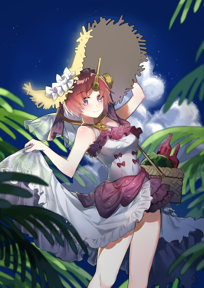 1girl basket blush bottle breasts clouds commentary_request dress dress_lift fate/grand_order fate_(series) food frankenstein's_monster_(fate) fruit hat headpiece horn looking_at_viewer medium_breasts night night_sky palm_tree pink_hair short_hair sky smile solo straw_hat sun_hat taoi_bianshenbang tree violet_eyes watermelon white_dress