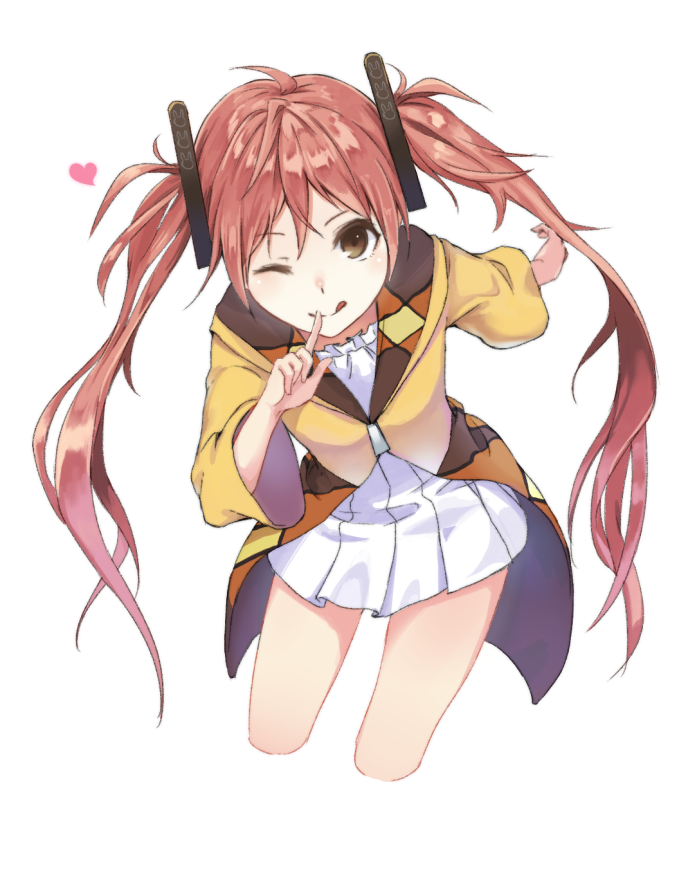 1girl ;q aihara_enju black_bullet brown_eyes brown_hair cropped_legs floating_hair hair_between_eyes heart_(z603458jj6) index_finger_raised leaning_forward long_hair long_sleeves miniskirt one_eye_closed outstretched_arm pleated_skirt shiny shiny_hair simple_background skirt smile solo tongue tongue_out twintails very_long_hair white_background white_skirt