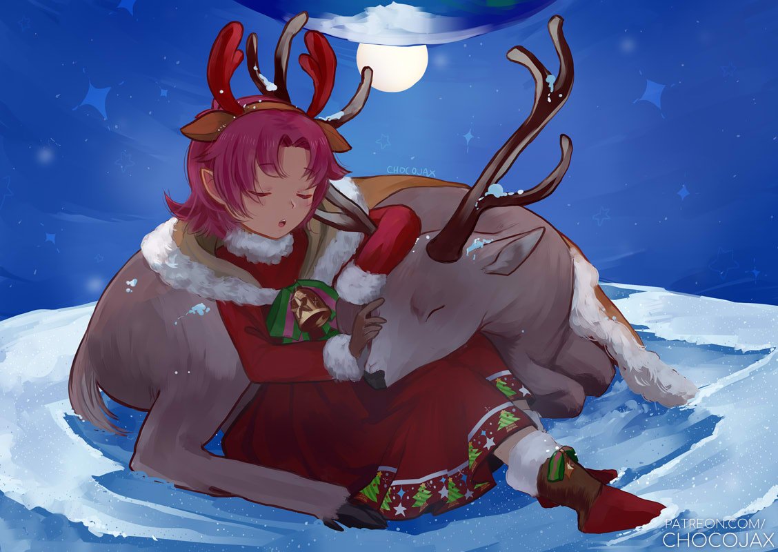 1girl antlers artist_name bell boots bow brown_gloves cape chocojax closed_eyes dress fa fire_emblem fire_emblem:_fuuin_no_tsurugi fire_emblem_heroes fur_trim gloves long_sleeves mamkute nintendo outdoors parted_lips pointy_ears purple_hair reindeer reindeer_antlers short_hair sitting sky sleeping snow