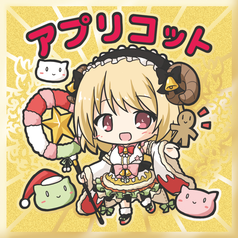 1girl :d apricot_(flower_knight_girl) bangs bell bikkuriman_(style) black_bow black_hairband black_legwear blonde_hair blush bow breasts character_name chibi curled_horns detached_sleeves eyebrows_visible_through_hair flower_knight_girl frilled_hairband frills full_body fur-trimmed_legwear fur-trimmed_sleeves fur_trim hairband hat holding holding_staff horns long_hair long_sleeves looking_at_viewer medium_breasts open_mouth parody pink_bow red_eyes red_hat rinechun santa_hat sheep_horns shirt skirt sleeveless sleeveless_shirt smile socks solo staff standing standing_on_one_leg star white_shirt wide_sleeves