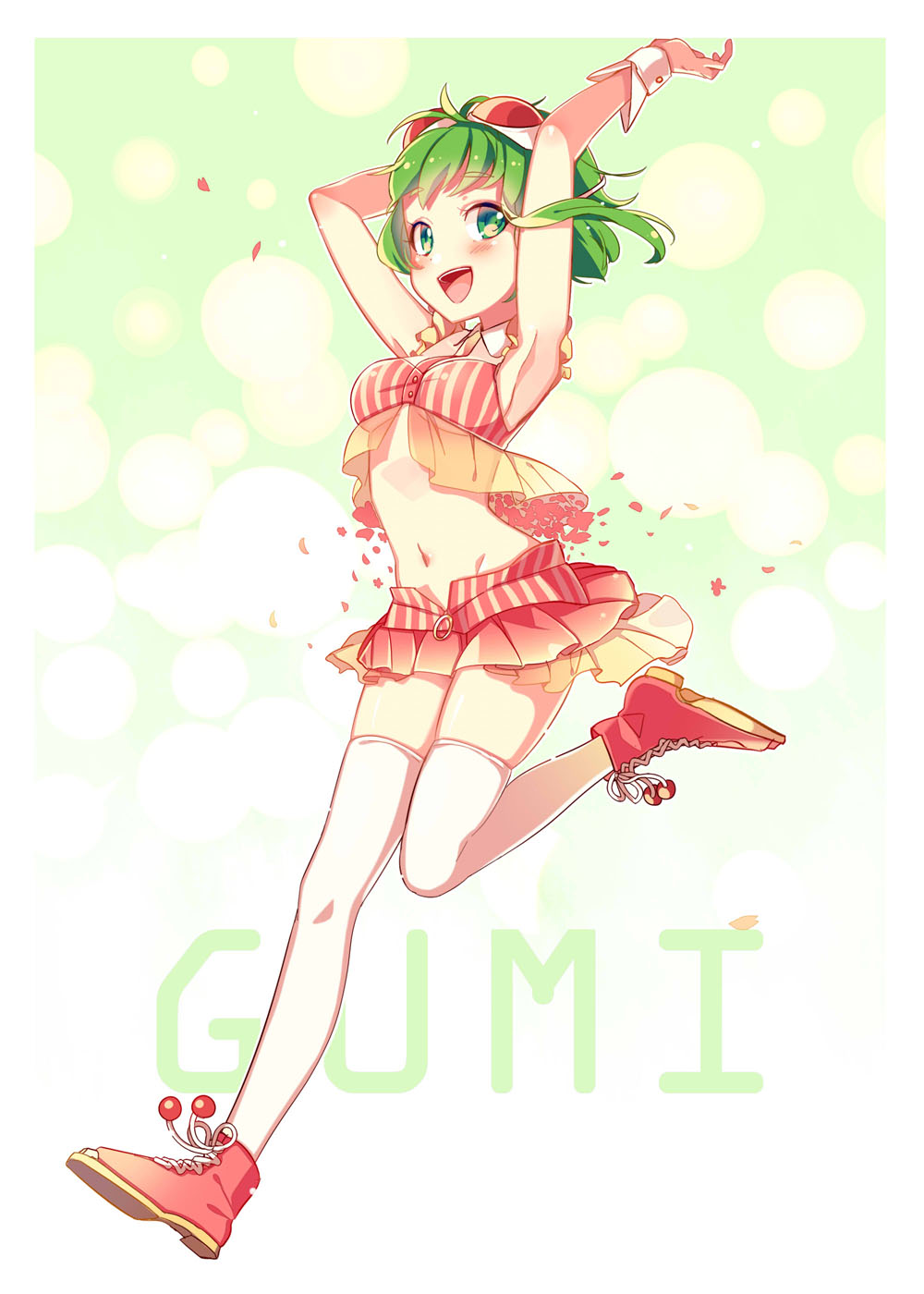 1girl :d antenna_hair armpits arms_up blurry blush bokeh character_name cherry_blossoms commentary_request crop_top depth_of_field frilled_shirt frills full_body goggles goggles_on_head green_background green_eyes green_hair groin gumi highres leg_up looking_at_viewer miniskirt navel nou open_mouth petals pink_footwear pink_shirt pink_skirt running sakura_gumi shirt shoes short_hair_with_long_locks skindentation skirt sleeveless sleeveless_shirt smile solo stomach thigh-highs vocaloid white_legwear wrist_cuffs