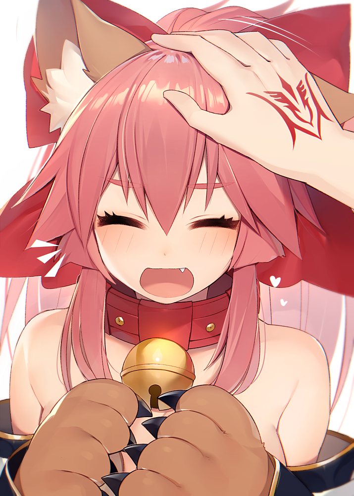 1girl :d ^_^ animal_ear_fluff animal_ears bare_shoulders bell bell_collar blush cat_ears claws closed_eyes closed_eyes collar command_spell commentary_request eyebrows_visible_through_hair facing_viewer fang fate/grand_order fate_(series) hair_between_eyes hair_ribbon happy heart long_hair muryotaro open_mouth paws petting pink_hair pov pov_hands red_ribbon ribbon simple_background smile solo_focus tamamo_(fate)_(all) tamamo_cat_(fate) white_background