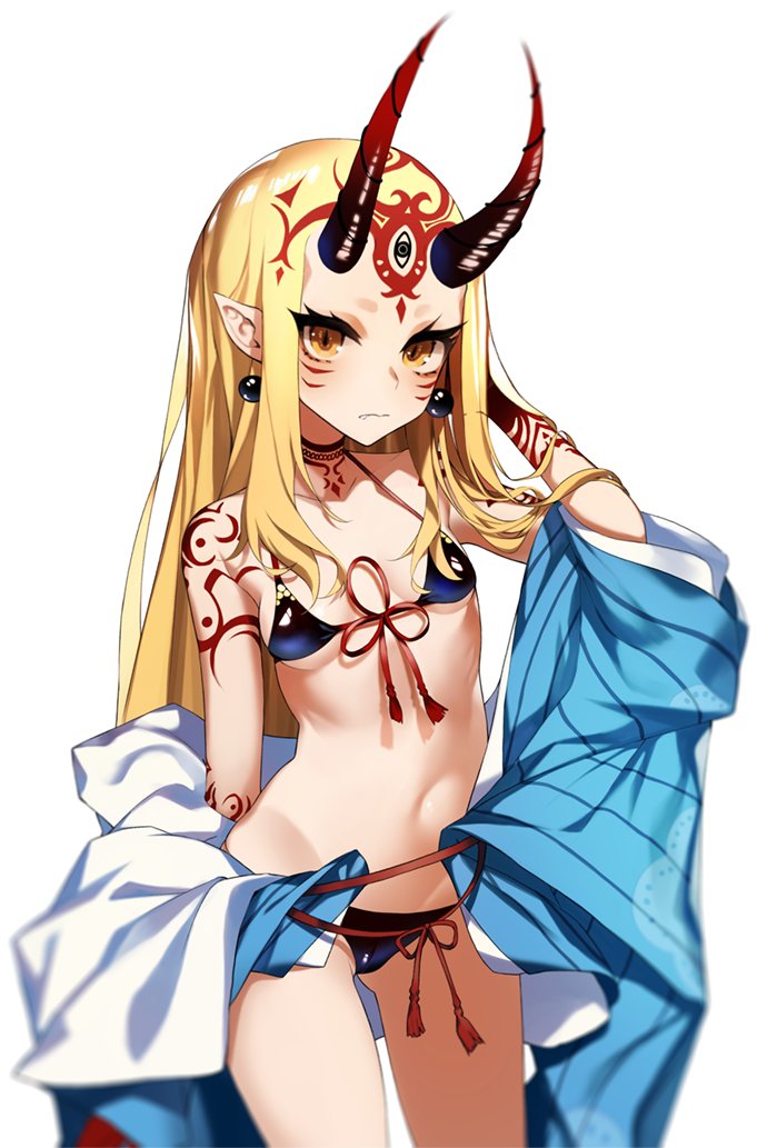 1girl bare_arms bare_shoulders beads bikini blonde_hair blue_bikini blue_kimono closed_mouth cowboy_shot earrings facial_mark fang_out fate/grand_order fate_(series) front-tie_bikini front-tie_top halter_top halterneck ibaraki_douji_(fate/grand_order) japanese_clothes jewelry kimono long_hair navel oni_horns pointy_ears pokan_(xz1128) simple_background solo stomach string_bikini swimsuit tassel tattoo white_background yellow_eyes