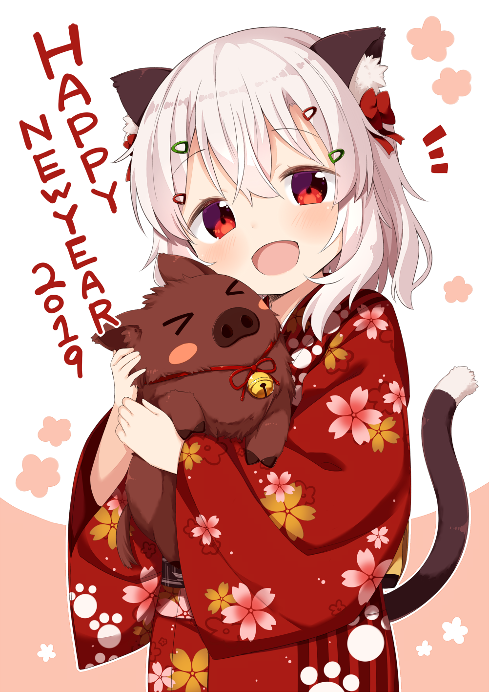 1girl 2019 :d animal animal_ear_fluff animal_ears animal_hug bangs bell blush boar cat_ears cat_girl cat_tail cherry_blossom_print chinese_zodiac commentary_request eyebrows_visible_through_hair floral_print hair_between_eyes hair_ornament hairclip happy_new_year highres japanese_clothes jingle_bell kimono long_hair looking_at_viewer muku_(muku-coffee) new_year notice_lines open_mouth original print_kimono red_eyes red_kimono red_ribbon ribbon shiro_(mononobe_koshoten_kaikitan) silver_hair smile solo tail tail_raised year_of_the_pig