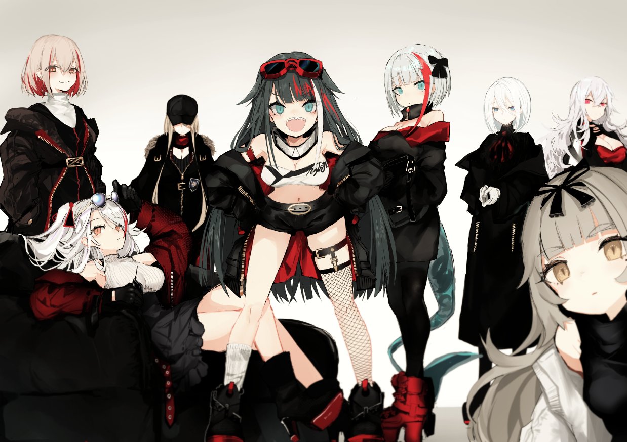 6+girls adjusting_eyewear admiral_graf_spee_(azur_lane) ankle_boots arm_strap armpits asymmetrical_legwear azur_lane bangs bare_shoulders baseball_cap belt bismarck_(azur_lane) black_bow black_coat black_dress black_footwear black_gloves black_hat black_legwear black_ribbon black_shorts black_skirt blonde_hair blue_eyes blunt_bangs blush boots bow breasts brown_eyes choker cleavage closed_mouth coat crop_top cross crossed_bangs deutschland_(azur_lane) dress earrings eyebrows_visible_through_hair eyewear_on_head fish_tail fishnet_legwear fishnets fur-trimmed_coat fur_trim gloves goggles graf_zeppelin_(azur_lane) hair_between_eyes hair_bow hair_ribbon hands_on_hips hands_together hat high_heel_boots high_heels jewelry large_breasts legs_crossed long_coat long_hair looking_at_viewer messy_hair midriff mole mole_under_eye multicolored_hair multiple_girls naruwe necklace off_shoulder open_clothes open_coat open_mouth pantyhose platform_footwear prinz_eugen_(azur_lane) red_coat red_eyes red_footwear red_tubetop redhead ribbed_sweater ribbon roon_(azur_lane) sharp_teeth short_hair short_shorts shorts sidelocks silver_hair single_sock single_thighhigh sitting skirt small_breasts smile socks standing strapless streaked_hair sunglasses sweater sweater_vest tail teeth thigh-highs thigh_strap tirpitz_(azur_lane) tubetop turtleneck turtleneck_sweater two_side_up unzipped very_long_hair white_gloves white_legwear white_sweater yellow_eyes z46_(azur_lane)