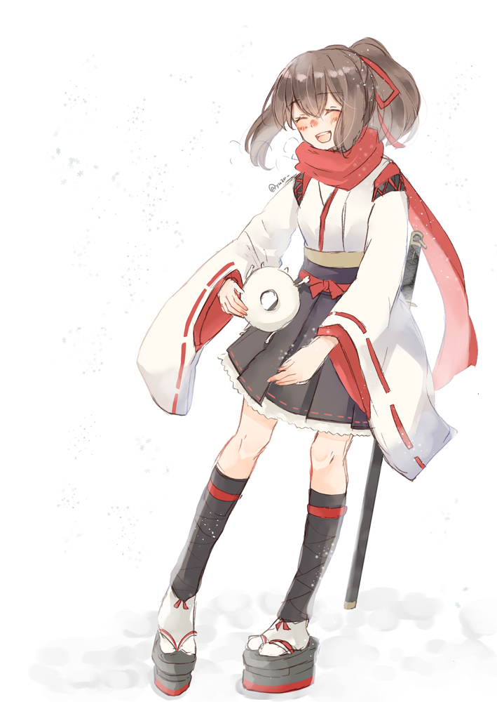 1girl ^_^ black_hakama brown_hair closed_eyes closed_eyes enemy_lifebuoy_(kantai_collection) eyebrows_visible_through_hair hair_ribbon hakama ise_(kantai_collection) japanese_clothes kantai_collection nontraditional_miko open_mouth ponytail red_ribbon red_scarf remodel_(kantai_collection) ribbon scarf short_hair skin_tight undershirt yuzu_(kimagure_kankitsurui)