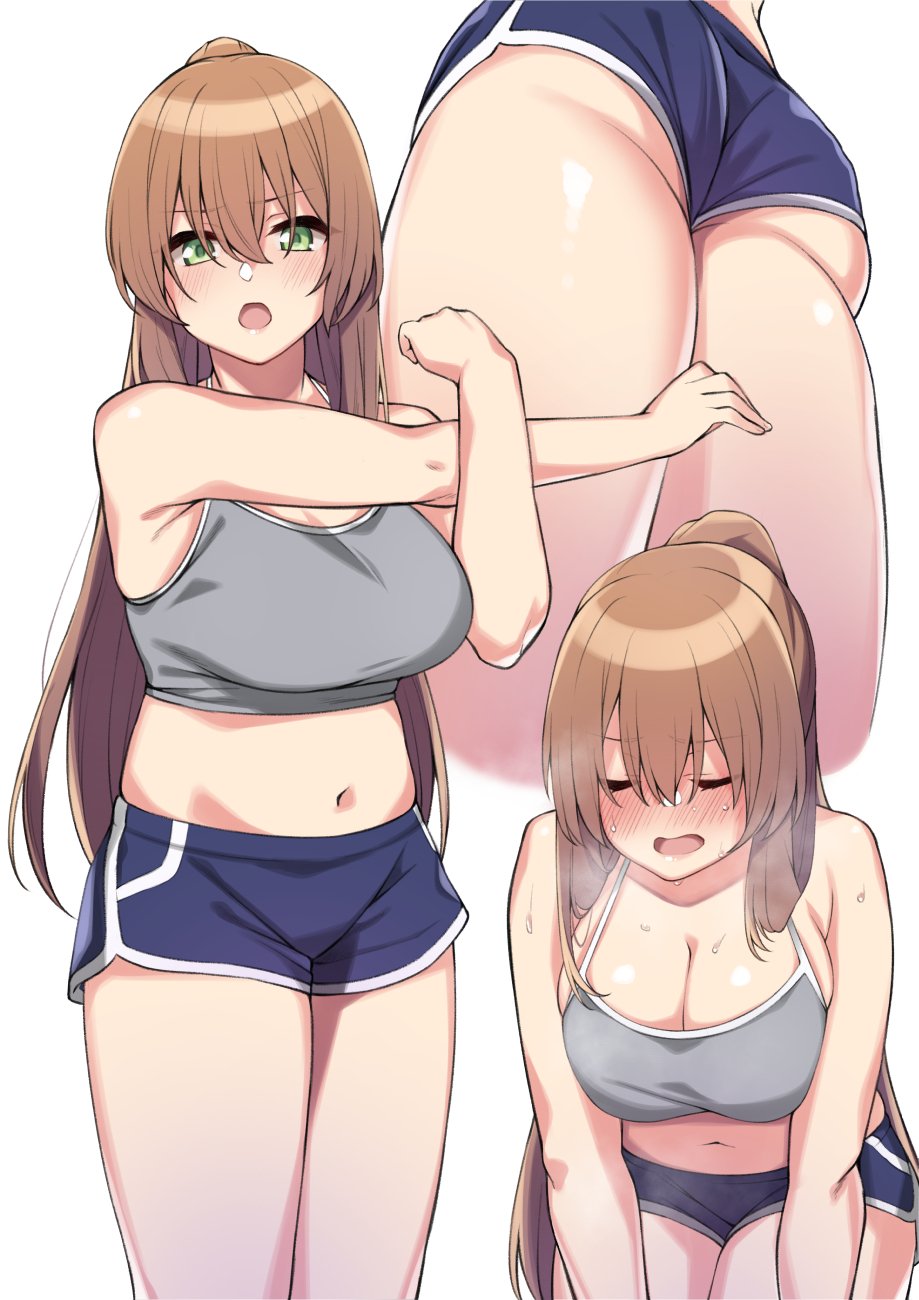 1girl ass bangs blush breasts brown_hair eyebrows_visible_through_hair girls_frontline green_eyes groin hair_between_eyes highres large_breasts leaning_forward long_hair looking_at_viewer m1903_springfield_(girls_frontline) multiple_views navel open_mouth ponytail short_shorts shorts sidelocks simple_background skindentation smile spicy_moo stomach stretch sweat tank_top white_background