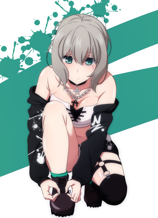 1girl aoba_moca aqua_eyes arimon_(dfrgty12) bandeau bang_dream! bangs bare_shoulders black_choker black_footwear black_jacket black_legwear boots breasts chain_necklace choker cleavage commentary_request crop_top cross-laced_clothes grey_hair hair_between_eyes jacket jewelry long_sleeves medium_breasts o-ring off_shoulder one_knee paint_splatter paint_stains pendant shoes short_hair single_over-kneehigh solo thigh_strap tying_shoes