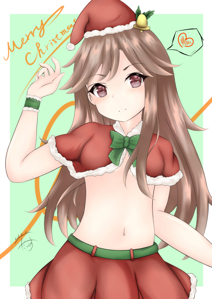 1girl arashio_(kantai_collection) arm_up bangs bell belt bow brown_eyes brown_hair capelet closed_mouth commentary_request dakkusu eyebrows_visible_through_hair fur-trimmed_capelet fur-trimmed_hat fur_trim green_belt green_bow hat head_tilt heart kantai_collection long_hair merry_christmas midriff navel pleated_skirt red_capelet red_hat red_skirt santa_costume santa_hat skirt smile solo spoken_heart very_long_hair wrist_cuffs