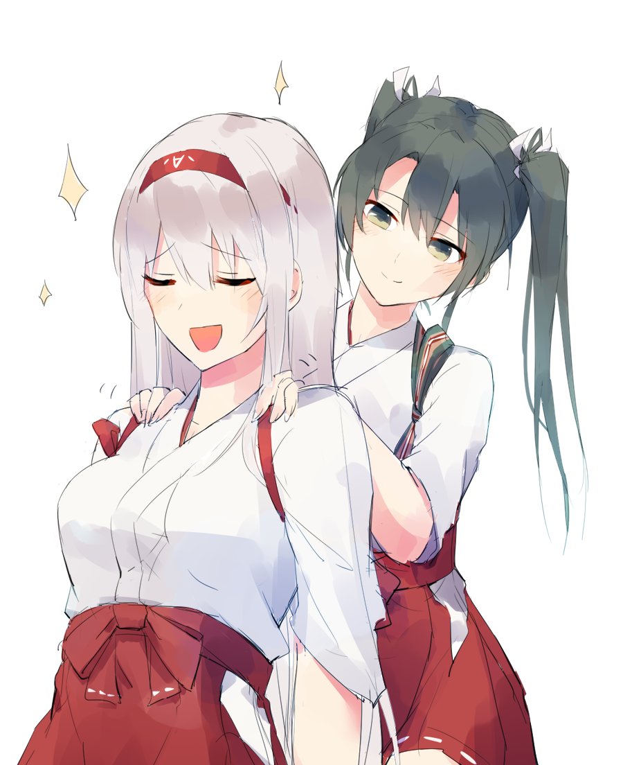 2girls breasts closed_eyes eyebrows_visible_through_hair green_eyes green_hair hair_ribbon hairband hakama hakama_skirt japanese_clothes kantai_collection large_breasts long_hair multiple_girls open_mouth red_hakama ribbon shoukaku_(kantai_collection) silver_hair simple_background sitting sparkle sutaa_dasuto-kun tasuki twintails white_background white_ribbon zuikaku_(kantai_collection)