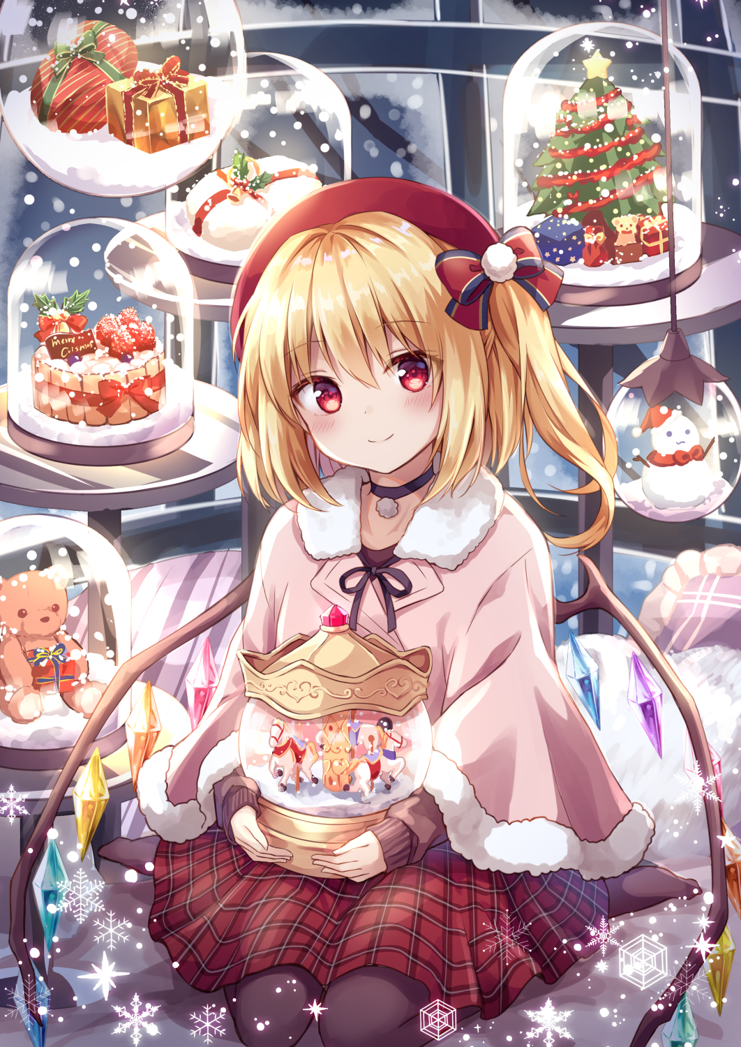 1girl alternate_costume bangs bell beret black_choker black_legwear black_ribbon blonde_hair blush bow box brown_legwear cake capelet carousel choker christmas christmas_ornaments christmas_tree closed_mouth commentary_request crystal flandre_scarlet food fruit fur-trimmed_capelet fur_trim gift gift_box hair_bow hat head_tilt highres holding jacket kure~pu long_hair long_sleeves looking_at_viewer merry_christmas no_shoes one_side_up pantyhose pillow pink_capelet plaid plaid_skirt red_bow red_eyes red_hat red_skirt ribbon sitting skirt smile snow_globe snowflakes snowman solo strawberry stuffed_animal stuffed_toy sweater teddy_bear touhou wariza wings winter