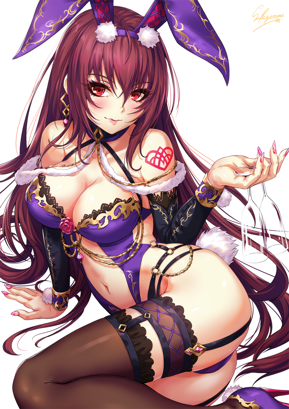1girl amethyst animal_ears arm_support ass bangs bare_shoulders bed black_legwear blurry blush bokeh breasts bunny_tail bunnysuit cleavage closed_mouth commentary_request cup depth_of_field earrings eyebrows_visible_through_hair fake_animal_ears fate/grand_order fate_(series) garter_straps glitter gold hair_between_eyes high_heels highres holding holding_cup jewelry large_breasts leg_garter long_hair looking_at_viewer nail_polish navel o-ring pink_lips pink_nails purple_hair rabbit_ears reclining red_eyes revealing_clothes sakiyamama scathach_(fate)_(all) scathach_(fate/grand_order) sidelocks signature simple_background skindentation smile solo stomach tail tattoo thigh-highs tsurime very_long_hair white_background