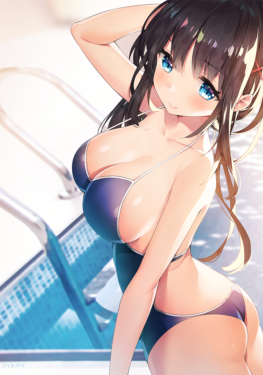 1girl arm_up ass ayamy bangs bare_arms bare_shoulders black_hair blue_eyes blue_swimsuit blurry blurry_background blush breasts cleavage closed_mouth collarbone commentary_request cowboy_shot day depth_of_field eyebrows_visible_through_hair from_above from_side hair_ornament highres large_breasts long_hair looking_at_viewer looking_to_the_side one-piece_swimsuit original pool sidelocks smile solo standing strap_gap sunlight swimsuit water x_hair_ornament