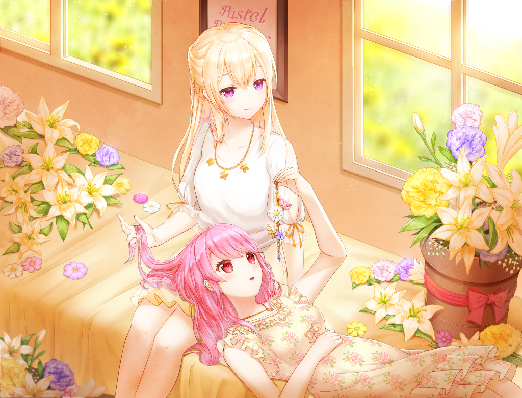 2girls bang_dream! bangs bare_arms bare_legs bare_shoulders blonde_hair blurry blush breasts chains closed_mouth collarbone day depth_of_field dress eyebrows_visible_through_hair feet_out_of_frame flower flower_request frilled_dress frills half_updo hand_on_own_stomach hand_up head_tilt holding holding_hair indoors lap_pillow light_particles long_hair looking_at_another lunacle lying maruyama_aya medium_breasts miniskirt multiple_girls on_back parted_lips pastel_palettes picture_frame pink_eyes pink_hair plant potted_plant puffy_short_sleeves puffy_sleeves purple_flower red_eyes red_ribbon ribbon shirasagi_chisato shirt short_sleeves sidelocks sitting skirt sleeveless sleeveless_dress smile white_flower white_shirt window yellow_flower yellow_skirt