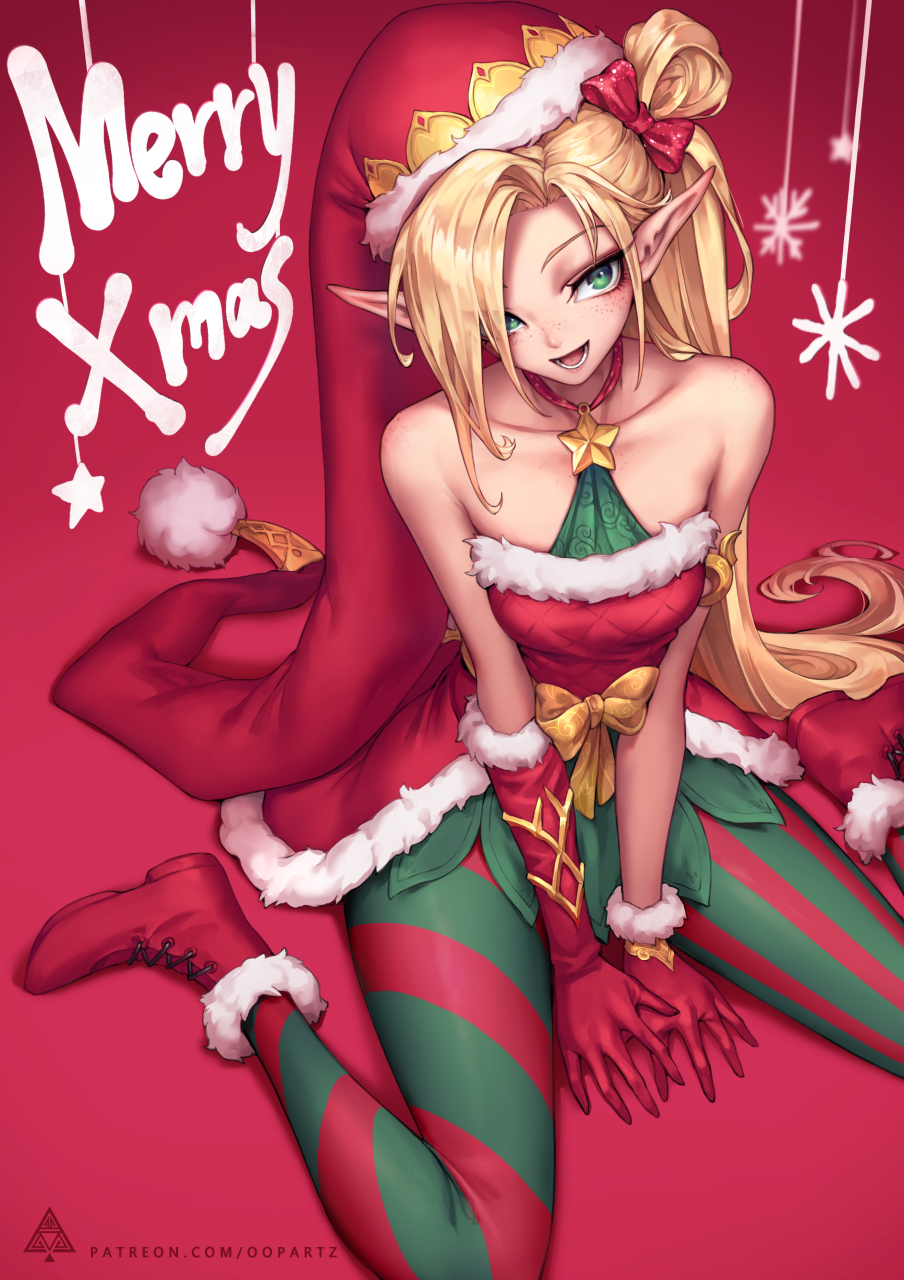 1girl :d artist_logo bare_shoulders blonde_hair bow christmas collarbone commentary dress english_commentary freckles fur-trimmed_boots fur-trimmed_dress fur-trimmed_gloves fur-trimmed_hat fur_trim gloves green_eyes hair_bow hair_over_one_eye hat highres jinx_(league_of_legends) league_of_legends long_hair looking_at_viewer merry_christmas mismatched_gloves oopartz_yang open_mouth pantyhose patreon_username pointy_ears pom_pom_(clothes) red_background red_bow red_dress red_footwear red_gloves red_hat santa_costume side_ponytail simple_background sitting smile solo star strapless strapless_dress striped striped_legwear wariza