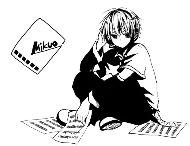 1boy anzu_(o6v6o) character_name detached_sleeves elbow_on_knee greyscale hand_on_headphones hatsune_mikuo headset high_contrast holding holding_paper legs_crossed male_focus monochrome pants paper sheet_music shirt shoes sitting solo vocaloid