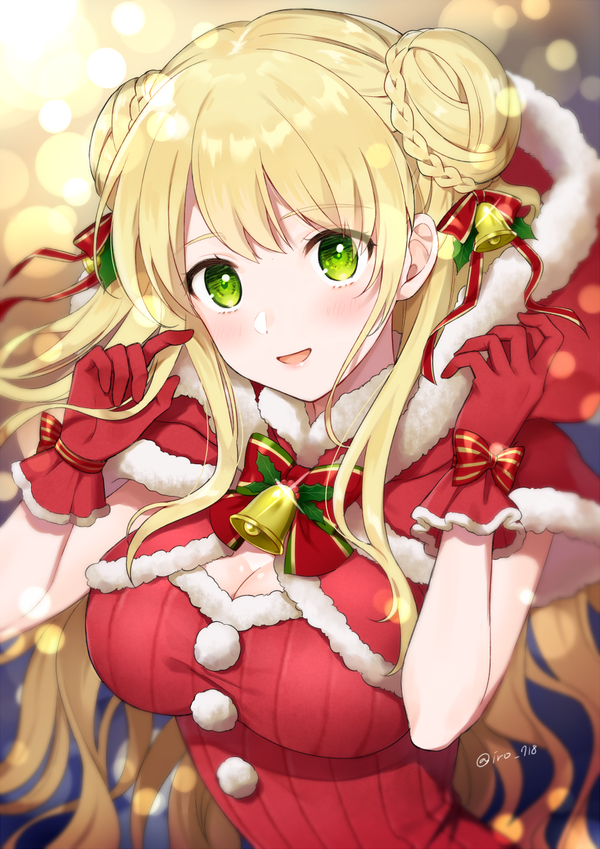 1girl bangs bell blonde_hair bow braid breasts capelet christmas cleavage double_bun eyebrows_visible_through_hair fur-trimmed_capelet fur_trim gloves green_eyes hair_bell hair_bow hair_ornament hair_ribbon hands_up highres hood large_breasts long_hair open_mouth original pom_pom_(clothes) red_bow red_capelet red_gloves ribbon smile striped striped_bow twin_braids tyyni upper_body