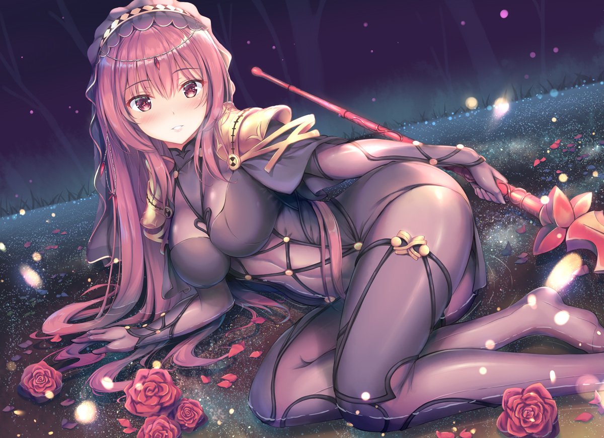 1girl arm_support bangs black_capelet blush bodysuit breasts brown_eyes capelet commentary_request dutch_angle eyebrows_visible_through_hair fate/grand_order fate_(series) flower grass hair_spread_out holding holding_spear holding_weapon impossible_bodysuit impossible_clothes large_breasts light_particles long_hair looking_at_viewer lying night no_shoes on_side parted_lips partially_submerged polearm purple_hair reclining red_flower ripples rose scathach_(fate)_(all) scathach_(fate/grand_order) shoulder_armor solo spaulders spear tree veil water weapon yuriko
