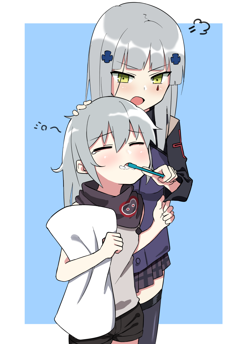 2girls angry blue_background brushing_another's_teeth commentary_request cross crying eyebrows_visible_through_hair g11_(girls_frontline) girls_frontline green_eyes hair_ornament highres hk416_(girls_frontline) long_hair multiple_girls open_mouth pillow poyano silver_hair sleepy toothbrush