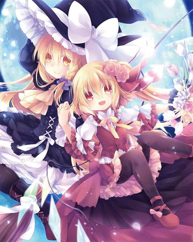 2girls :d alternate_costume anna_(small_night) arm_up ascot black_dress black_legwear blonde_hair boots bouquet bow braid broom brown_footwear brown_legwear closed_mouth commentary_request cross-laced_clothes cross-laced_footwear dress fang flandre_scarlet floral_print flower frilled_skirt frilled_sleeves frills full_moon hair_between_eyes hair_bow hair_flower hair_ornament hair_ribbon hand_holding hat hat_bow holding holding_bouquet holding_flower interlocked_fingers kirisame_marisa knees_up lace-up_boots long_hair long_sleeves looking_at_viewer moon multiple_girls neck_ribbon night no_hat no_headwear one_side_up open_mouth outdoors pantyhose petals pink_flower pink_rose print_legwear purple_bow red_bow red_eyes red_footwear red_ribbon red_skirt red_vest ribbon rose shirt shoes side_braid skirt skirt_set smile touhou tulip vest white_bow white_shirt wings witch_hat yellow_eyes yellow_neckwear