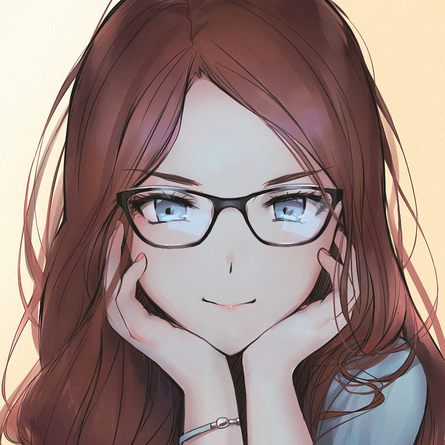 1girl blue_eyes blue_shirt bracelet brown_hair chin_rest commentary commission english_commentary eyebrows_visible_through_hair face glasses hands_on_own_cheeks hands_on_own_face jewelry long_hair looking_at_viewer nail_polish original pink_lips pink_nails portrait shirt smile sunako_(veera)