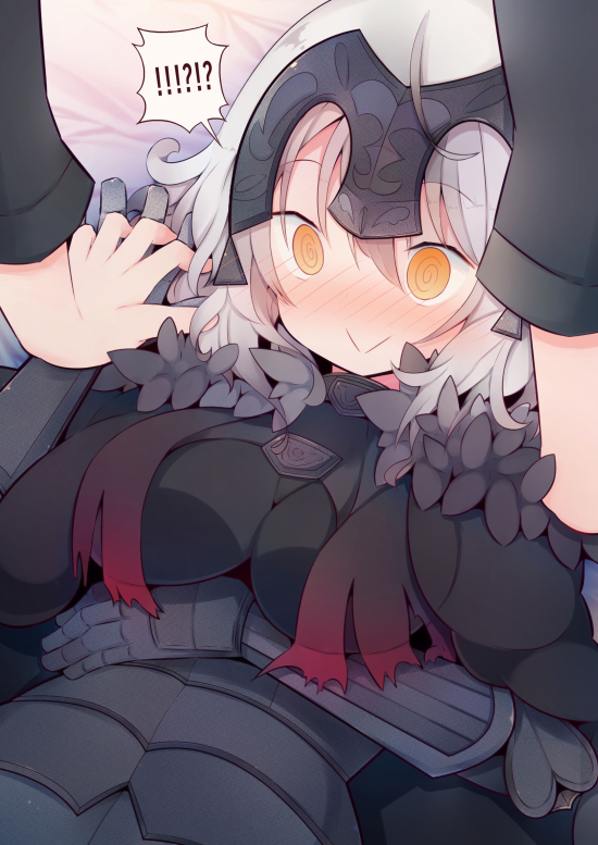 !!? !? 1boy 1girl :&gt; ahoge armor armored_dress bangs beni_shake black_armor black_cape black_clothes black_gloves blush breasts cape commentary_request covered_nipples dated eyebrows_visible_through_hair fate/grand_order fate_(series) flustered fur_trim gauntlets gloves hand_on_own_stomach headpiece interlocked_fingers jeanne_d'arc_(alter)_(fate) jeanne_d'arc_(fate)_(all) out_of_frame pushing_down short_hair signature solo_focus spoken_interrobang swirl torn_cape white_hair yellow_eyes