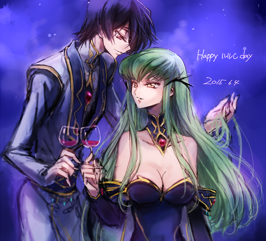 1boy 1girl 2015 black_sleeves breasts c.c. c_(rahit) choker cleavage code_geass cup dated detached_sleeves formal green_hair hand_in_another's_hair holding holding_cup lelouch_lamperouge long_hair long_sleeves medium_breasts parted_lips purple_hair red_eyes short_hair sketch smile strapless very_long_hair yellow_eyes