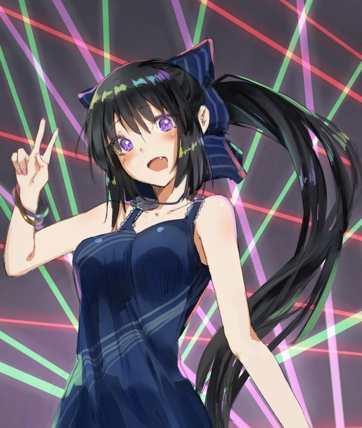 1girl bare_shoulders black_hair blue_bow blue_dress blush bow bracelet breasts commentary_request dress fang hair_bow jewelry long_hair looking_at_viewer medium_breasts nail_polish noccu noihara_himari omamori_himari open_mouth pendant pink_nails ponytail smile solo v very_long_hair violet_eyes