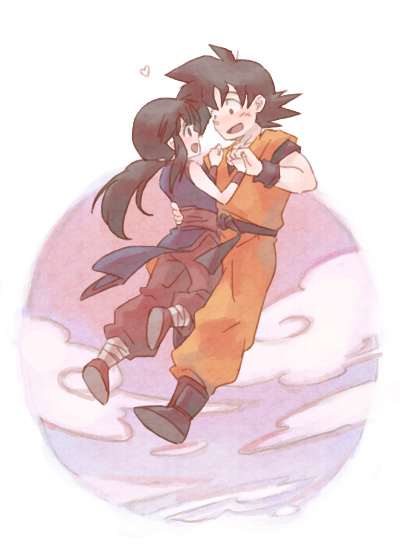 1boy 1girl :d bangs black_hair chi-chi_(dragon_ball) chinese_clothes clouds cloudy_sky couple dougi dragon_ball dragon_ball_(classic) eye_contact floating floating_hair hands_together heart hetero long_hair looking_at_another open_mouth ponytail profile sasa_(db) simple_background sky smile son_gokuu white_background wristband