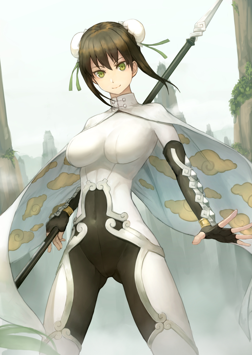 1girl black_gloves bodysuit breasts brown_hair covered_navel double_bun fate/grand_order fate_(series) fingerless_gloves gloves green_eyes green_ribbon hair_between_eyes hair_ribbon highres holding_polearm large_breasts looking_at_viewer mountain outdoors qin_liangyu_(fate) ribbon short_hair_with_long_locks sidelocks skin_tight smile solo standing toima_(beat0829)