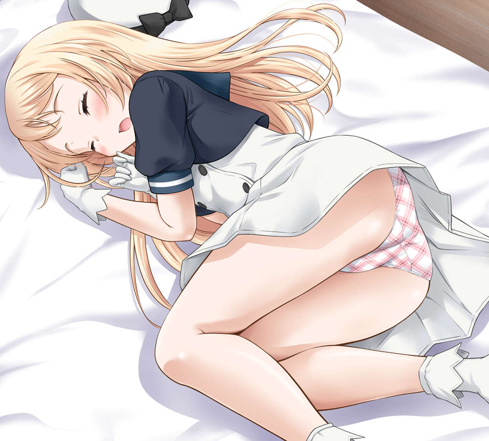 1girl ass bangs bare_legs bed beret black_bow black_jacket blonde_hair blue_sailor_collar blush bow buttons closed_eyes cropped_jacket double-breasted dress eyelashes gloves hat hat_bow hat_removed headwear_removed indoors jacket jervis_(kantai_collection) kantai_collection long_hair lying neko_danshaku on_bed on_side open_clothes open_jacket open_mouth panties plaid plaid_panties sailor_collar shadow shoes short_sleeves sidelocks sleeping solo thighs underwear upper_teeth white_dress white_footwear white_gloves white_hat white_panties wooden_floor