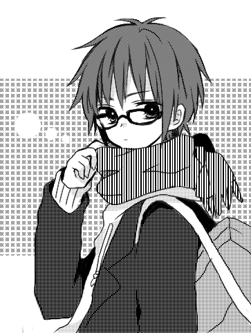 1boy :| adjusting_scarf anzu_(o6v6o) bag closed_mouth genderswap genderswap_(ftm) glasses greyscale gumiya jacket long_sleeves lowres male_focus monochrome scarf school_bag solo striped striped_scarf unmoving_pattern upper_body vocaloid