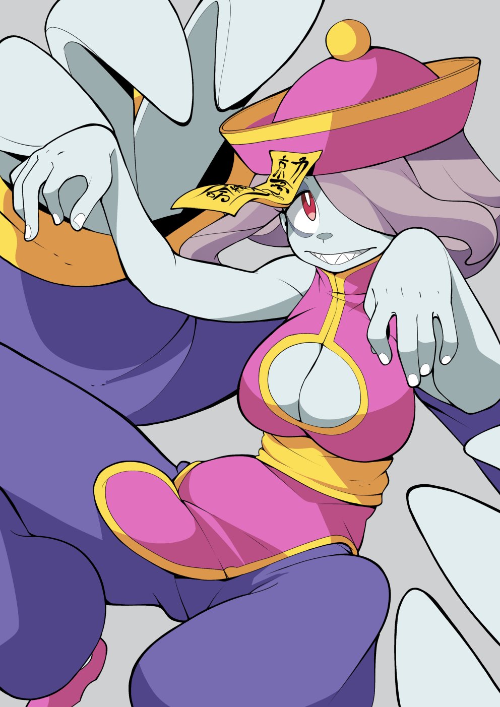 1girl alternate_breast_size breasts chinese_clothes cleavage cleavage_cutout commentary_request cosplay crossover curvy dress grey_background hair_over_one_eye hat highres jiangshi_costume large_breasts lei_lei lei_lei_(cosplay) little_witch_academia ofuda outstretched_arms pale_skin pink_dress pink_footwear pink_hair pink_hat popopo red_eyes sharp_teeth simple_background smile solo sucy_manbavaran teeth vampire_(game) zombie_pose