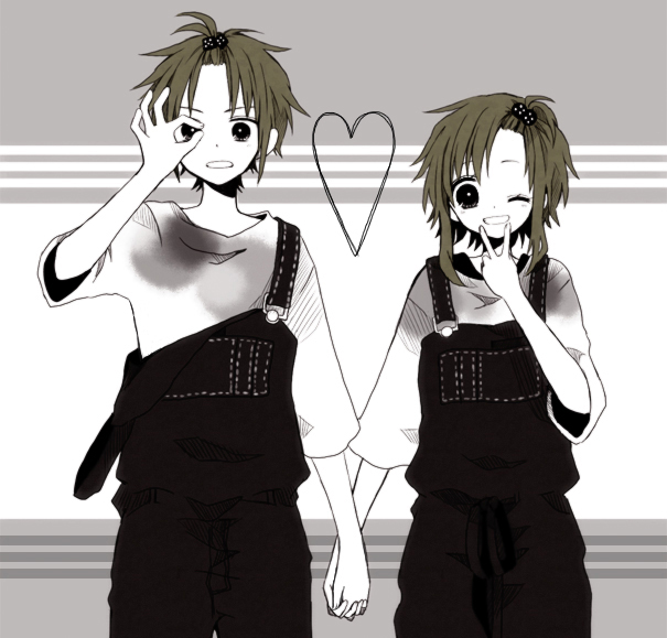 1boy 1girl anzu_(o6v6o) bangs_pinned_back dual_persona genderswap genderswap_(ftm) greyscale grin gumi gumiya hair_ornament hairclip hand_holding hand_over_eye hand_to_own_mouth heart hetero looking_at_viewer monochrome one_eye_closed overalls paint_stains selfcest short_hair_with_long_locks smile suspenders_hanging v vocaloid