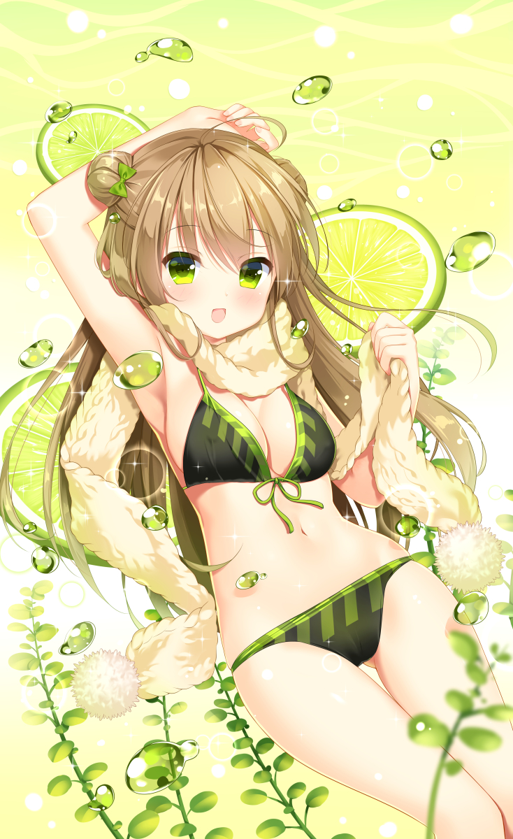 1girl :d ahoge arm_up armpits bangs bare_arms bare_shoulders bikini black_bikini blush bow breasts brown_scarf cleavage commentary_request double_bun eyebrows_visible_through_hair fingernails food front-tie_bikini front-tie_top fruit girls_frontline gluteal_fold green_bow green_eyes hair_between_eyes hair_bow highres holding_scarf ikataruto light_brown_hair lime_(fruit) lime_slice long_hair looking_at_viewer medium_breasts navel open_mouth rfb_(girls_frontline) scarf side_bun smile solo swimsuit thigh_gap very_long_hair